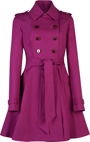 Double Breasted Trench Coat, Fuchsia - pattern: plain; style: trench coat; length: mid thigh; predominant colour: magenta; occasions: casual, evening, work, occasion; fit: tailored/fitted; collar: shirt collar/peter pan/zip with opening; waist detail: belted waist/tie at waist/drawstring; shoulder detail: discreet epaulette; sleeve length: long sleeve; sleeve style: standard; texture group: cotton feel fabrics; collar break: high/illusion of break when open; pattern type: fabric; pattern size: standard; fibres: cashmere - stretch