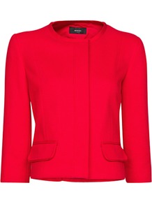 Pique Jacket, Red - pattern: plain; style: single breasted blazer; collar: round collar/collarless; predominant colour: true red; occasions: casual, work, occasion; length: standard; fit: tailored/fitted; fibres: cotton - mix; back detail: back vent/flap at back; sleeve length: 3/4 length; sleeve style: standard; collar break: high; pattern type: fabric; texture group: woven light midweight