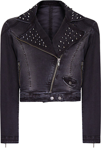 Studded Denim Jacket, Black - pattern: plain; style: biker; collar: asymmetric biker; length: cropped; fit: slim fit; predominant colour: black; occasions: casual; fibres: cotton - stretch; sleeve length: 3/4 length; sleeve style: standard; texture group: denim; collar break: high/illusion of break when open; pattern type: fabric; embellishment: studs