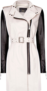 Leather Sleeve Trench, Stone - pattern: plain; style: trench coat; fit: slim fit; collar: standard lapel/rever collar; length: mid thigh; predominant colour: ivory; occasions: casual, work; fibres: cotton - mix; waist detail: belted waist/tie at waist/drawstring; shoulder detail: discreet epaulette; sleeve length: long sleeve; sleeve style: standard; collar break: high/illusion of break when open; pattern type: fabric; texture group: woven bulky/heavy