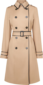 Kiki Leather Trim Trench Coat, Camel - style: trench coat; length: on the knee; predominant colour: camel; occasions: casual, work; fit: tailored/fitted; fibres: cotton - stretch; collar: shirt collar/peter pan/zip with opening; waist detail: belted waist/tie at waist/drawstring; shoulder detail: discreet epaulette; sleeve length: long sleeve; sleeve style: standard; collar break: high/illusion of break when open; pattern size: standard; texture group: woven light midweight