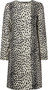 Dalmation Print Mac - collar: round collar/collarless; style: mac; length: mid thigh; predominant colour: charcoal; occasions: casual, evening, work, occasion; fit: straight cut (boxy); fibres: linen - mix; sleeve length: long sleeve; sleeve style: standard; texture group: cotton feel fabrics; collar break: high; pattern type: fabric; pattern size: big & busy; pattern: animal print