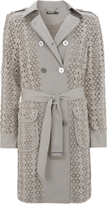 Lace Trench Coat - style: trench coat; length: mid thigh; predominant colour: light grey; occasions: casual, evening, work, occasion; fit: straight cut (boxy); fibres: polyester/polyamide - mix; collar: shirt collar/peter pan/zip with opening; waist detail: belted waist/tie at waist/drawstring; shoulder detail: discreet epaulette; sleeve length: long sleeve; sleeve style: standard; texture group: lace; collar break: high/illusion of break when open; pattern type: fabric; pattern size: standard; pattern: patterned/print