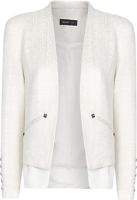 Bouclé Cropped Jacket - pattern: plain; style: cropped; collar: shawl/waterfall; length: cropped; back detail: contrast pattern/fabric at back; predominant colour: white; occasions: casual, evening; fit: tailored/fitted; fibres: acrylic - mix; sleeve length: 3/4 length; sleeve style: standard; collar break: low/open; pattern type: fabric; texture group: woven light midweight