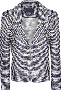 Bouclé Cropped Blazer - style: single breasted blazer; collar: standard lapel/rever collar; pattern: herringbone/tweed; secondary colour: white; predominant colour: navy; occasions: casual; length: standard; fit: tailored/fitted; fibres: wool - mix; sleeve length: long sleeve; sleeve style: standard; collar break: medium; pattern type: fabric; pattern size: standard; texture group: tweed - bulky/heavy