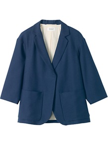 Belle Cotton Blend Textured Jacket, True Navy - pattern: plain; style: single breasted blazer; collar: standard lapel/rever collar; predominant colour: navy; occasions: casual, work; length: standard; fit: straight cut (boxy); fibres: cotton - mix; sleeve length: 3/4 length; sleeve style: standard; texture group: cotton feel fabrics; collar break: low/open; pattern type: fabric