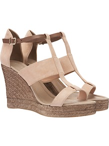 Wide Strap Wedge Espadrilles - predominant colour: stone; occasions: casual, holiday; material: suede; heel height: high; embellishment: buckles; ankle detail: ankle strap; heel: wedge; toe: open toe/peeptoe; style: standard; finish: plain; pattern: plain