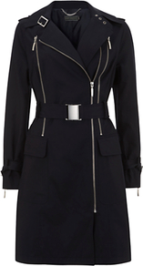 Double Zip Trench Coat - pattern: plain; style: trench coat; collar: standard lapel/rever collar; length: mid thigh; predominant colour: black; occasions: casual, evening, work; fit: tailored/fitted; fibres: polyester/polyamide - 100%; waist detail: belted waist/tie at waist/drawstring; sleeve length: long sleeve; sleeve style: standard; collar break: medium; pattern type: fabric; pattern size: standard; texture group: woven light midweight
