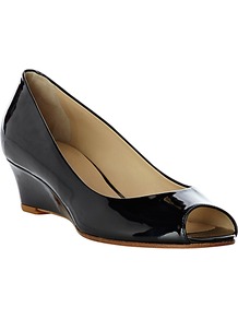 Nina Patent Sandal - predominant colour: black; occasions: evening, work; material: leather; heel height: mid; heel: wedge; toe: open toe/peeptoe; style: courts; finish: patent; pattern: plain