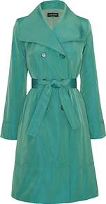 Taffeta Trench Coat - pattern: plain; collar: wide lapels; style: trench coat; predominant colour: emerald green; occasions: casual, evening, work, occasion; fit: tailored/fitted; fibres: polyester/polyamide - 100%; length: below the knee; waist detail: belted waist/tie at waist/drawstring; sleeve length: long sleeve; sleeve style: standard; texture group: structured shiny - satin/tafetta/silk etc.; collar break: medium; pattern type: fabric; pattern size: standard