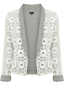 Jersey Lined Lace Jacket - style: single breasted blazer; collar: shawl/waterfall; predominant colour: white; secondary colour: mid grey; occasions: casual, evening, work, holiday; length: standard; fit: tailored/fitted; fibres: cotton - mix; sleeve length: 3/4 length; sleeve style: standard; collar break: low/open; pattern type: fabric; pattern size: small & light; pattern: patterned/print; texture group: other - light to midweight; embellishment: lace
