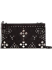 Studded Suede Clutch Handbag, Black - predominant colour: black; occasions: evening, occasion; type of pattern: large; style: clutch; length: hand carry; size: small; material: suede; embellishment: studs; pattern: plain; finish: plain