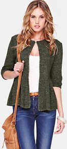 Peplum Cardigan, Black - neckline: round neck; pattern: plain; predominant colour: dark green; occasions: casual, work; length: standard; style: standard; fibres: cotton - mix; fit: slim fit; waist detail: peplum detail at waist; sleeve length: long sleeve; sleeve style: standard; texture group: knits/crochet; pattern type: knitted - other; pattern size: standard