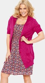 Short Sleeve Cardigan, Pink - pattern: plain; length: below the bottom; neckline: collarless open; predominant colour: hot pink; occasions: casual, work; style: standard; fibres: cotton - 100%; fit: standard fit; sleeve length: short sleeve; sleeve style: standard; texture group: knits/crochet; pattern type: fabric