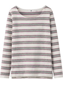 Women Striped Boat Neck Long Sleeve T Shirt B 03 Gray - neckline: slash/boat neckline; pattern: horizontal stripes; style: t-shirt; predominant colour: light grey; occasions: casual; length: standard; fibres: cotton - 100%; fit: straight cut; sleeve length: long sleeve; sleeve style: standard; pattern type: fabric; pattern size: standard; texture group: jersey - stretchy/drapey