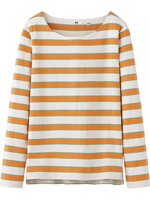 Women Striped Boat Neck Long Sleeve T Shirt B 20 Light Oran - neckline: round neck; pattern: horizontal stripes; style: t-shirt; predominant colour: bright orange; occasions: casual; length: standard; fibres: cotton - 100%; fit: straight cut; sleeve length: long sleeve; sleeve style: standard; pattern type: fabric; pattern size: standard; texture group: jersey - stretchy/drapey