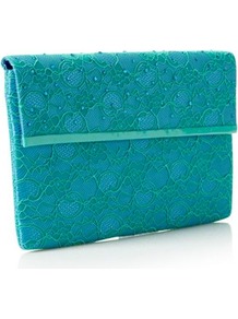 Aqua Large Lace Clutch Bag - predominant colour: turquoise; occasions: evening, occasion; type of pattern: standard; style: clutch; length: hand carry; size: small; material: lace; embellishment: beading; pattern: plain; finish: plain