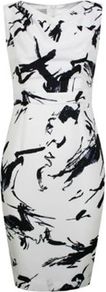 Petite Japanese Brush Print Dress - style: shift; neckline: v-neck; fit: tailored/fitted; sleeve style: sleeveless; predominant colour: white; occasions: evening, occasion; length: just above the knee; sleeve length: sleeveless; pattern type: fabric; pattern size: standard; pattern: patterned/print; texture group: jersey - stretchy/drapey; fibres: viscose/rayon - mix