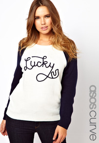 Curve Jumper With Lucky U - neckline: round neck; sleeve style: dolman/batwing; style: standard; shoulder detail: contrast pattern/fabric at shoulder; predominant colour: navy; occasions: casual; length: standard; fibres: acrylic - 100%; fit: loose; sleeve length: long sleeve; texture group: knits/crochet; pattern type: knitted - fine stitch; pattern size: standard; pattern: colourblock