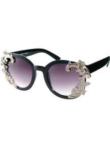 Round Sunglasses With Filigree Corner Detail - predominant colour: black; style: round; size: large; material: plastic/rubber; pattern: plain; finish: plain