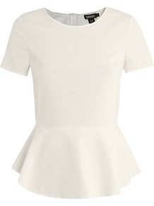 Peplum Blouse - neckline: round neck; pattern: plain; style: blouse; waist detail: peplum waist detail; predominant colour: ivory; occasions: evening, work; length: standard; fit: tailored/fitted; sleeve length: short sleeve; sleeve style: standard; texture group: silky - light; pattern type: fabric; fibres: silk - stretch
