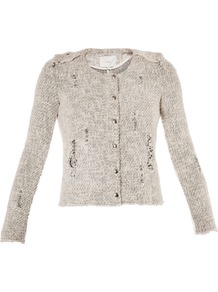 Regan Distressed Zip Front Jacket - pattern: plain; collar: round collar/collarless; style: boxy; predominant colour: white; occasions: casual, work; length: standard; fit: straight cut (boxy); fibres: cotton - mix; sleeve length: long sleeve; sleeve style: standard; collar break: high; pattern type: fabric; pattern size: standard; texture group: woven light midweight; embellishment: chain/metal