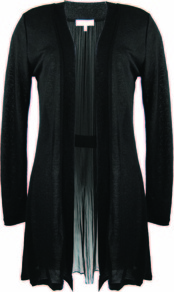 Black Pleat Insert Cardigan - pattern: plain; neckline: shawl; length: below the bottom; back detail: contrast pattern/fabric at back; style: open front; predominant colour: black; occasions: casual, evening, work; fibres: polyester/polyamide - mix; fit: loose; sleeve length: long sleeve; sleeve style: standard; texture group: knits/crochet; pattern type: knitted - fine stitch; pattern size: standard