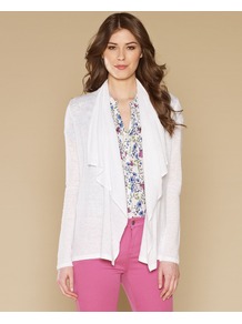 Catherine Cover Up - pattern: plain; neckline: waterfall neck; shoulder detail: tiers/frills/ruffles; style: open front; predominant colour: white; occasions: casual, evening, work, holiday; length: standard; fibres: linen - 100%; fit: loose; sleeve length: long sleeve; sleeve style: standard; texture group: cotton feel fabrics; bust detail: tiers/frills/bulky drapes/pleats; pattern type: fabric; pattern size: standard