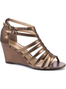 Gold Roman Wedge Sandals - predominant colour: bronze; occasions: casual, evening, holiday; material: faux leather; heel height: mid; embellishment: buckles; ankle detail: ankle strap; heel: wedge; toe: open toe/peeptoe; style: gladiators; finish: metallic; pattern: plain