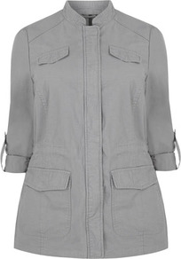 Grey Four Pocket Lightweight Jacket - pattern: plain; length: below the bottom; collar: mandarin; style: single breasted; predominant colour: light grey; occasions: casual; fit: straight cut (boxy); fibres: cotton - 100%; sleeve length: 3/4 length; sleeve style: standard; texture group: cotton feel fabrics; collar break: high
