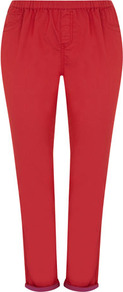 Red Two Tone Jeggings - length: standard; pattern: plain; style: leggings; waist detail: elasticated waist, narrow waistband; waist: mid/regular rise; predominant colour: true red; occasions: casual, evening, holiday; fibres: cotton - stretch; hip detail: front pleats at hip level; jeans & bottoms detail: turn ups; texture group: denim; fit: skinny/tight leg; pattern type: fabric; pattern size: standard