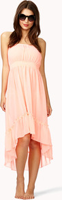 High Low Chiffon Cover Up Dress - neckline: strapless (straight/sweetheart); fit: empire; pattern: plain; sleeve style: strapless; waist detail: fitted waist; predominant colour: blush; occasions: casual, holiday; length: just above the knee; style: asymmetric (hem); fibres: polyester/polyamide - 100%; hip detail: ruching/gathering at hip; back detail: longer hem at back than at front; sleeve length: sleeveless; texture group: sheer fabrics/chiffon/organza etc.; pattern type: fabric; pattern size: standard