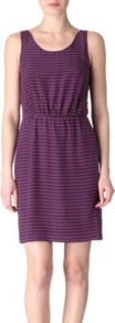 Izzie Dot Print Dress - length: mid thigh; neckline: round neck; fit: fitted at waist; pattern: horizontal stripes; sleeve style: sleeveless; waist detail: fitted waist; style: vest; back detail: low cut/open back; predominant colour: purple; occasions: casual, evening, work, holiday; fibres: silk - 100%; sleeve length: sleeveless; pattern type: fabric; pattern size: small & busy; texture group: jersey - stretchy/drapey