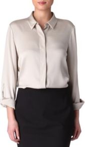 Brenda Silk Shirt - neckline: shirt collar/peter pan/zip with opening; pattern: plain; style: shirt; predominant colour: stone; occasions: casual, evening, work; length: standard; fit: body skimming; sleeve length: long sleeve; sleeve style: standard; texture group: silky - light; pattern type: fabric; fibres: silk - stretch