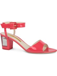 Rostella Patent Leather Sandals - predominant colour: coral; occasions: casual, evening, work, holiday; material: leather; heel height: mid; embellishment: buckles; ankle detail: ankle strap; heel: block; toe: open toe/peeptoe; style: standard; finish: patent; pattern: plain