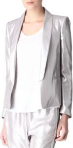 Virginale Blazer - pattern: plain; style: single breasted blazer; collar: shawl/waterfall; predominant colour: silver; occasions: evening, occasion; length: standard; fit: tailored/fitted; fibres: polyester/polyamide - 100%; sleeve length: long sleeve; sleeve style: standard; texture group: structured shiny - satin/tafetta/silk etc.; trends: metallics; collar break: low/open; pattern type: fabric; pattern size: standard
