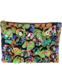 Zip Top Clutch Bag With Floral Embellishment - occasions: evening, occasion; predominant colour: multicoloured; type of pattern: heavy; style: clutch; length: hand carry; size: standard; material: fabric; embellishment: applique; pattern: florals; trends: high impact florals; finish: plain