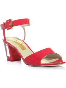 Rosella Perspex Heel Sandals - predominant colour: true red; occasions: casual, evening, occasion, holiday; material: leather; heel height: mid; embellishment: buckles; ankle detail: ankle strap; heel: block; toe: open toe/peeptoe; style: standard; finish: patent; pattern: plain