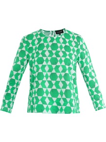 Marie Emerald Print Top - neckline: round neck; predominant colour: emerald green; occasions: casual, work; length: standard; style: top; fibres: cotton - 100%; fit: straight cut; sleeve length: 3/4 length; sleeve style: standard; texture group: cotton feel fabrics; trends: modern geometrics; pattern type: fabric; pattern size: big & busy; pattern: patterned/print