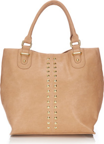 Camel Shopper Bag - predominant colour: camel; occasions: casual, work, holiday; type of pattern: small; style: tote; length: handle; size: standard; material: faux leather; embellishment: studs; pattern: plain; trends: metallics; finish: plain