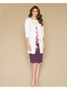 Helena Lace Trim Coat - pattern: plain; collar: round collar/collarless; style: single breasted; length: mid thigh; predominant colour: white; occasions: casual, evening, work, occasion; fit: straight cut (boxy); fibres: polyester/polyamide - mix; sleeve length: 3/4 length; sleeve style: standard; texture group: lace; collar break: high; pattern type: fabric; pattern size: standard