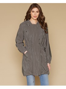 Simone Crinkle Parka - pattern: plain; hip detail: side pockets at hip; fit: loose; style: parka; back detail: hood; collar: high neck; length: mid thigh; predominant colour: charcoal; occasions: casual; fibres: polyester/polyamide - 100%; waist detail: belted waist/tie at waist/drawstring; sleeve length: long sleeve; sleeve style: standard; texture group: structured shiny - satin/tafetta/silk etc.; collar break: high; pattern type: fabric; pattern size: standard