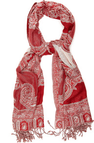Milan Scarf - predominant colour: true red; occasions: casual, evening, work, holiday; type of pattern: heavy; style: regular; size: standard; material: fabric; embellishment: fringing, tassels; pattern: paisley, patterned/print; trends: statement prints
