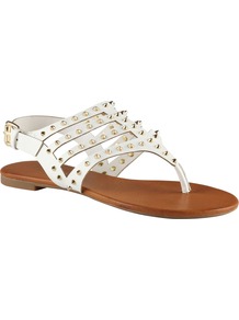 Barbara Flat Sandals, White - predominant colour: white; occasions: casual, holiday; material: faux leather; heel height: flat; embellishment: studs; ankle detail: ankle strap; heel: standard; toe: toe thongs; style: flip flops / toe post; finish: plain; pattern: plain
