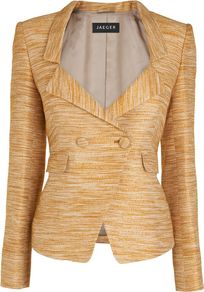 Women's Drop Lapel Blazer, Gold - pattern: plain; style: double breasted blazer; collar: standard lapel/rever collar; predominant colour: gold; occasions: evening, occasion; length: standard; fit: tailored/fitted; fibres: acrylic - mix; waist detail: fitted waist; sleeve length: long sleeve; sleeve style: standard; trends: tuxedo; collar break: medium; pattern type: fabric; texture group: woven light midweight