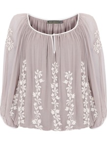 Women's Mink Embroidered Blouson Top, Mink - neckline: round neck; sleeve style: balloon; predominant colour: taupe; occasions: casual, evening, holiday; length: standard; style: top; fibres: cotton - mix; fit: loose; sleeve length: 3/4 length; texture group: sheer fabrics/chiffon/organza etc.; pattern type: fabric; pattern size: small & light; pattern: florals; embellishment: embroidered