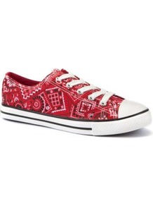Red Bandanna Print Lace Up Trainers - predominant colour: true red; occasions: casual, holiday; material: fabric; heel height: flat; toe: round toe; style: trainers; finish: plain; pattern: patterned/print