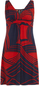 Navy Graphic Print Dress - style: shift; neckline: low v-neck; sleeve style: sleeveless; predominant colour: true red; occasions: casual, work; length: just above the knee; fit: body skimming; fibres: polyester/polyamide - stretch; sleeve length: sleeveless; pattern type: fabric; pattern size: standard; pattern: patterned/print; texture group: jersey - stretchy/drapey