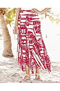 Tie Dye Effect Skirt - length: ankle length; waist detail: elasticated waist; waist: mid/regular rise; fit: bias; predominant colour: true red; occasions: casual, holiday; style: maxi skirt; fibres: cotton - 100%; hip detail: structured pleats at hip; pattern type: fabric; pattern size: standard; pattern: patterned/print; texture group: jersey - stretchy/drapey