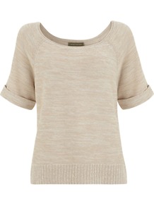 Metallic Jumper - neckline: round neck; pattern: plain; style: standard; predominant colour: stone; occasions: casual, work; length: standard; fibres: cotton - mix; fit: standard fit; sleeve length: short sleeve; sleeve style: standard; texture group: knits/crochet; pattern type: knitted - fine stitch; pattern size: standard
